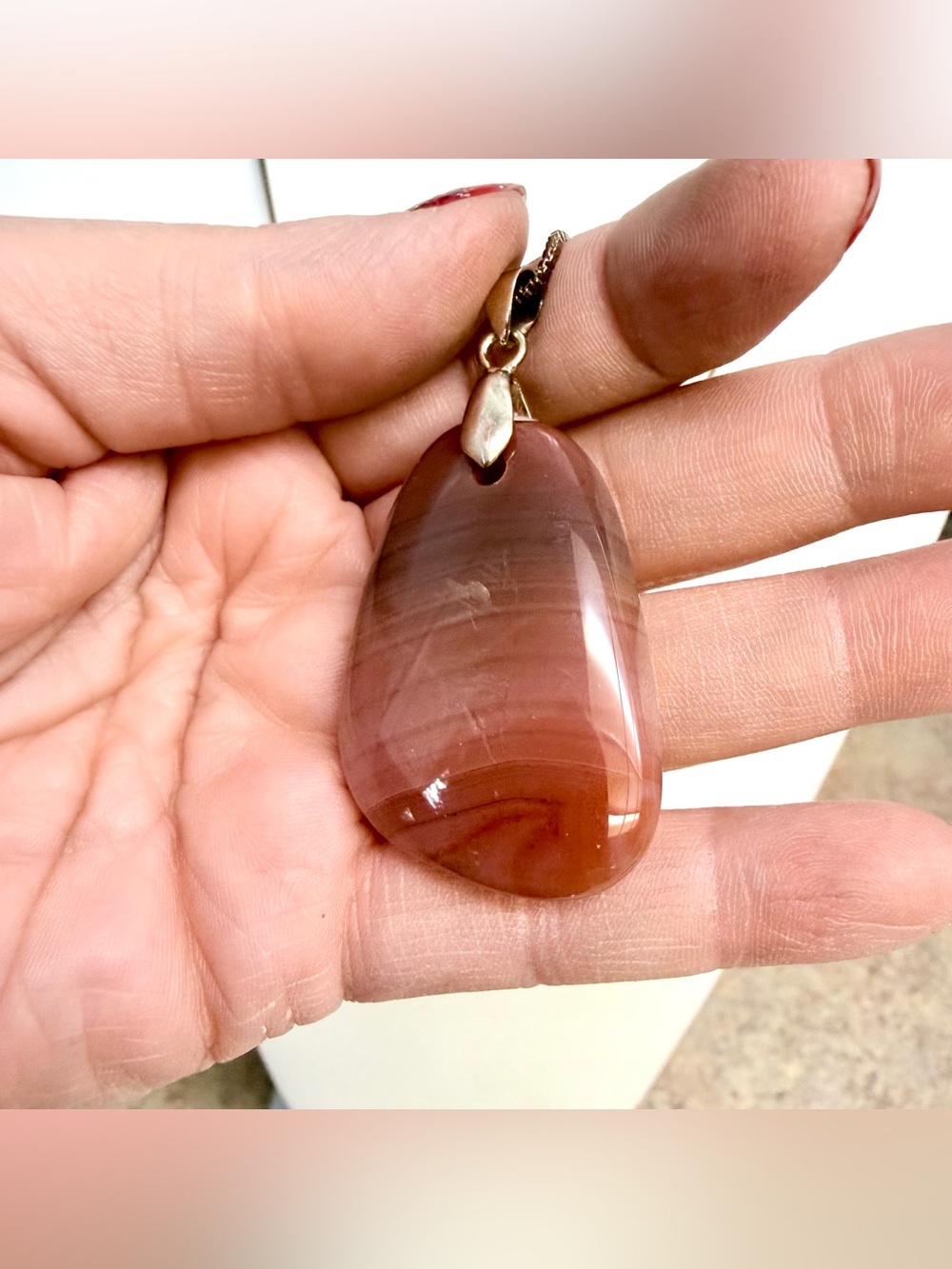 Natural Pink Banded Agate Pendant Necklace Sterling Silver Carnelian Boho